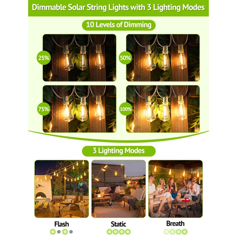 Larkvue 96FT(2x48FT) Solar Outdoor String Lights with Remote & Timer,