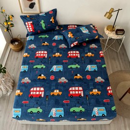 Chickwin Fitted Sheet, 90 x 200 cm, Children's Mattress Protector, Fitted Sheet Made of Polyester Fibres, Cartoon Car Pattern Sheet, Fitted Sheet for Box Spring Beds, Mattresses, up to 30 cm in Height, Blue Car