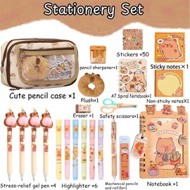 TNDCKP Cute Capybara Pencil Case for Girls and Boys, Cute Stationery Set with Large Pencil Pouch, Fidget Pens, Spiral Notebook, Stickers, Pencil Sharpener, Eraser, Back to School Supplies