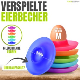 idea-station Neo Plastic Egg Cup Set of 6 – Colourful – Shatterproof Egg Holder, Perfect for Children and Camping – with Practical Spoon Rest and Overflow Protection