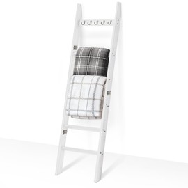 TEAKMAMA 6-Tier Blanket Ladder for Living Room and Bedroom,5.4 Ft Wall Leaning Quilt Rack with Hooks,Rustic Decorative Farmhouse Blanket Storage,Stylish Ladder Holder,Easy to Assemble,White