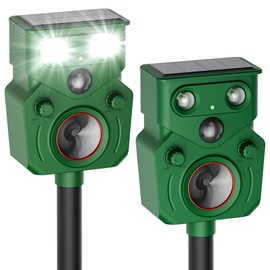 2 Packs Ultrasonic Animal Repeller Solar Powered, Cat Repellent Outdoor with Motion Sensor, Waterproof Deer Deterrent with LED Flash Light, Effective Repels Invasive Animal for Raccoon, Skunk, Dog