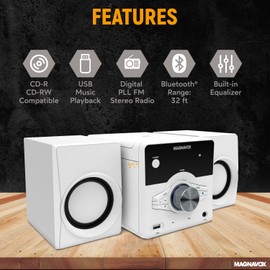 Magnavox MM442 3-Piece Top Loading CD Shelf System with Digital PLL FM Stereo Radio, Bluetooth Wireless Technology, and Remote Control in Black | Blue Lights | LED Display (White) (Renewed)