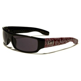 Locs Paisley Bandana Print Slim Rectangular Retro Wrap Around Sunglasses (Glossy Black & Red Bandana Frame, Black Lenses) LOC9003-BDNA One Size Fits Most