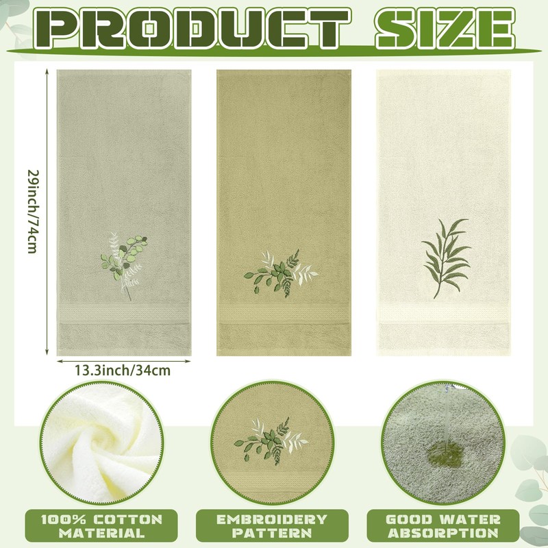 Tingjoo 3 Pcs Eucalyptus Leaves Hand Towels Farmhouse Green Fingertip