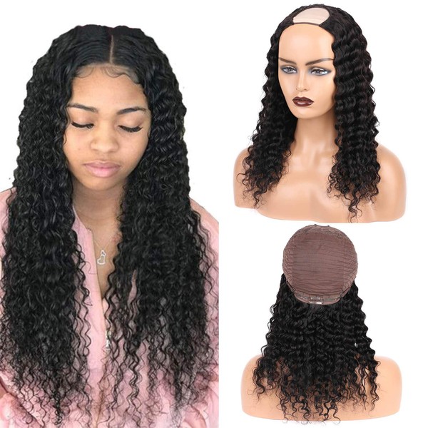 Deep Wave U Part Wig 100% Virgin Human Hair 150% Density for Black Women Brazilian Glueless U Part Hair Extensions Clip In Half Machine Made Wigs Soft and Silky 14 Inch Natural Colour