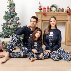 Onancehim Matching Christmas Pajamas for Family, Funny Holiday Cute Let It Snow Print Tops and Plaid Pants Xmas Sleepwear Pjs Set (Men, S, Navy)