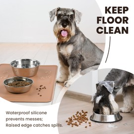 VIVAGLORY Flexmat Dog Food Mat Feeding Mat for Food and Water & Indoor Cats, Waterproof Silicone Grippy with Raised Edges Lip, S, Khaki