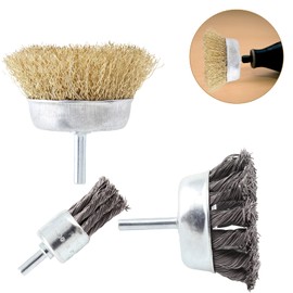 Aracombie 6PCS Cup Wire Wheel Brush Set, 3 Inch Carbon Steel Knotted Cup Brush and Brass Coated Crimped Wire Drill Brush Set, 1/4 Inch Shank Brush Kit Rotary Buffing Brush Wheel, Rust Removal Tool Set