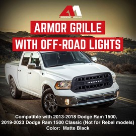 AMERICAN MODIFIED Armor Grille Vehicle Accessory with Off-Road LED Lights for 2013-2018 Dodge Ram 1500/2019-2023 Ram 1500 Classic Models, Matte Black