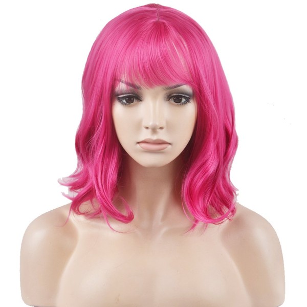 BERON 14 Inches Hot Pink Wig Short Curly Wig Women Girl's Synthetic Wig Rose Red Wig with Bangs Wig Cap Included