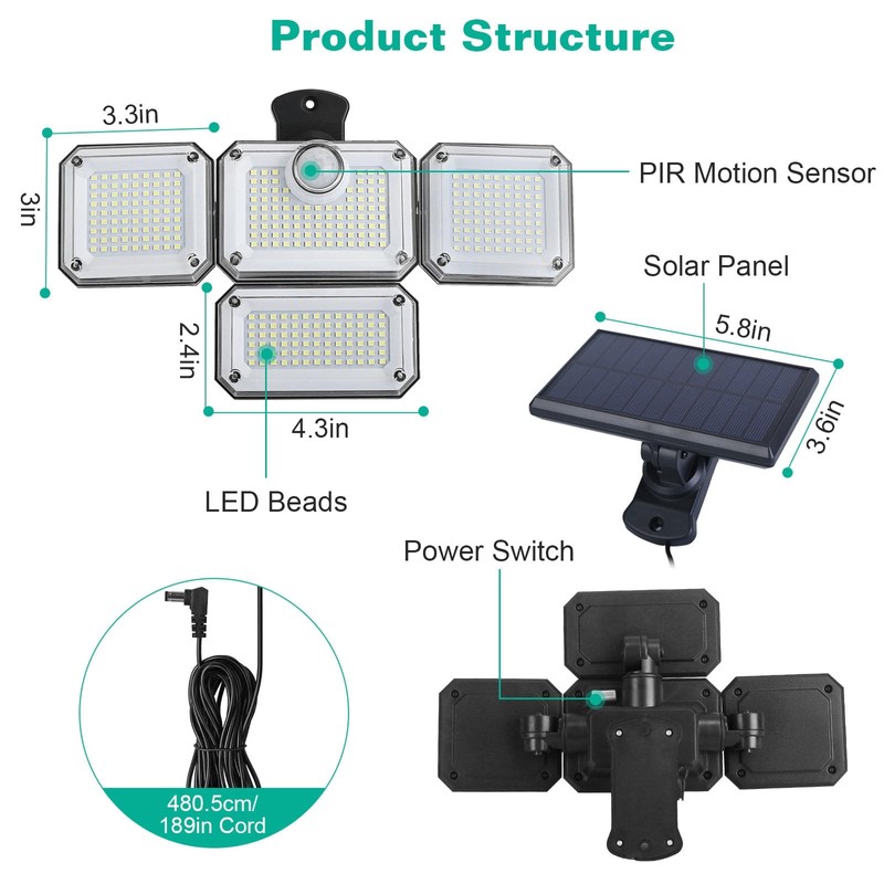 KOCASO Solar Outdoor Lights, 333 LED 3000LM Security Lights with