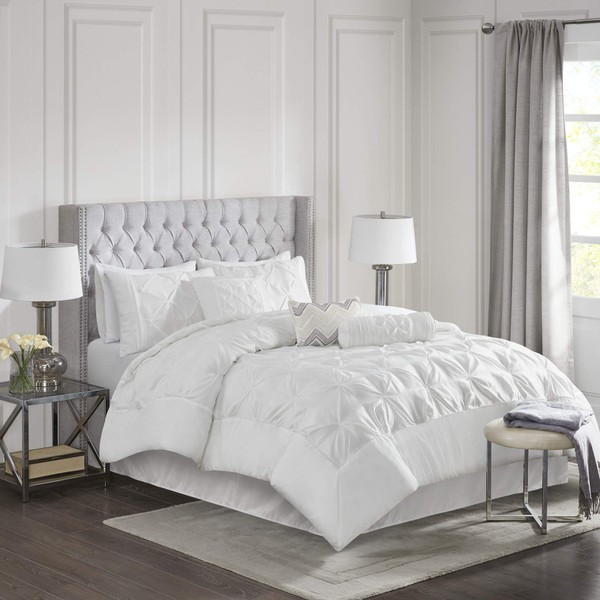 Madison Park Laurel Cozy Comforter Set-Traditional Tufted Faux Silk Design All Season Down Alternative Bedding with Matching Shams, Decorative Pillow, Queen (90 in x 90 in), White, 7 Piece