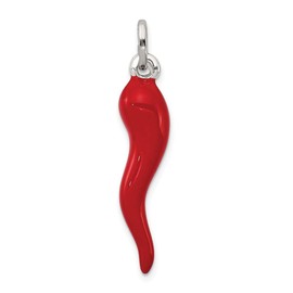 925 Sterling Silver Men's Red Enamel Cornicello Italian Horn Protection Pendant Charm - 33mm x 7mm
