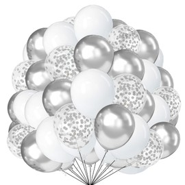White and Silver Balloons 10 Inch 50 Pack Confetti Balloons for Wedding Engagement Graduation Birthday Baby Shower Decorations Silver and White Party Supplies