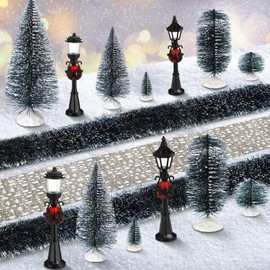 Hotop 18 Pcs Christmas Village Set Mini Christmas Village Accessories Snowy Christmas Trees Street Lights for Display Winter Holiday Decor DIY Crafts Batteries Not Included(Cool)