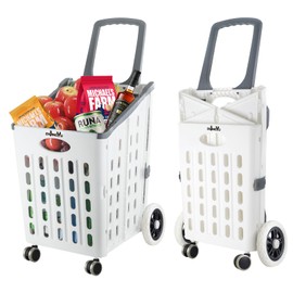 Portable Folding Shopping Cart,White Foldable Grocery Cart on Wheels,Collapsible Rolling Basket Trolley,Rolling Swivel Wheels,Utility Carts for Grocery Laundry Shopping Home Office