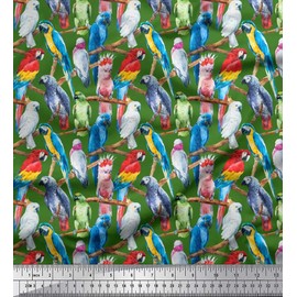 Soimoi Green Cotton Canvas Fabric Branch & Colorful Parrot Bird Printed Fabric 1 metre 42 Inch Wide