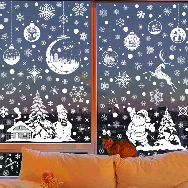 Fassory White Christmas Window Stickers 9 Sheets 260 Pcs, Reusable