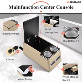 Coverado Car Center Console, Universal Rear Bench Seat Consoles, Truck Seat Organizer and Storage, Back Seat Car Organizer with Cup Holder, Large Storage Box, Central Armrest Box (Regular, Beige)