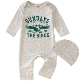 Blithestars Infant Baby Boy Football Outfits Football Fans Lover Jumpsuit Romper Game Day Bodysuit Onesie Hat 2Pcs Set(Grey-A,9-12Months)