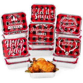 MALLMALL6 36Pcs Christmas Tin Foil Containers with Lids Covers for Cookie Exchange & Goody Party Leftovers in 6 Xmas Holiday Designs Santa Gift Aluminum Food Storage Pans 6.3" W X 4.3" L X 2.2"