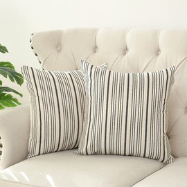 Kiuree Black and Beige Farmhouse Throw Pillow Covers 18 x 18, Modern Accent Square Decorative Pillow Case, Set of 2 Stripes Textured Linen Throw Pillow Case for Sofa Couch Chair Bedroom(Black)