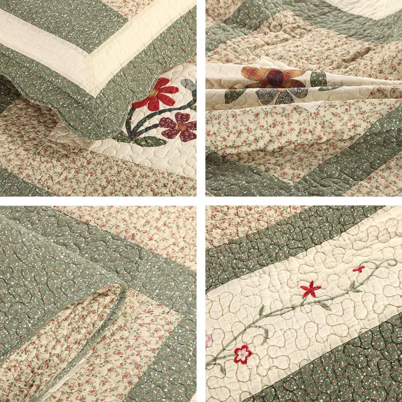 vctops Farmhouse Green 3 Piece Embroidered Floral Quilted Bedspread Quilt