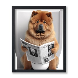 Poster Master Chow Chow Sitting on Toilet Poster - Dog Reading a Newspaper Print - Dog Art - Gift for Him, Her, Animal Lover - Fun Decor for Bedroom, Bathroom, Restroom, 8x10 Black Framed