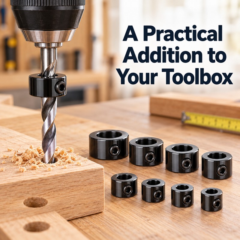 Drill Bit Depth Stop Collars for Woodworking – 8-Piece Adjustable