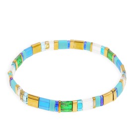 Sonateomber Tila Flat Beaded Stretch Bracelets for Women, Trendy Stackable Blue Gold Turquoise Glass Square Beads Stack Bracelet Beach Jewelry Gift