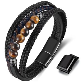 Gkmamrg Men's Leather Bracelet Gifts for Men – Leather Bracelet Natural Stone Tiger's Eye Stone Pearl Bracelet Men's Bracelet, Leather