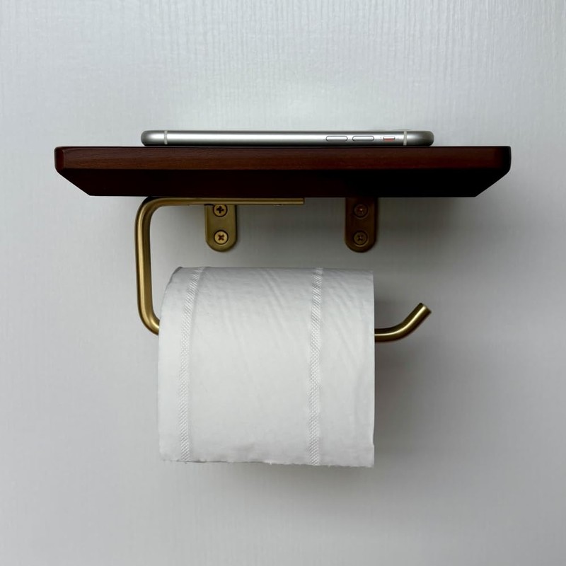 Solid Brass Toilet Paper Holder with Dark Brown Wood Shelf,