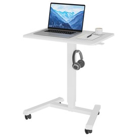 BONTEC Mobile Standing Desk Adjustable Height, Rolling Laptop Cart with Hook, Portable Workstation with Pneumatic Lift, Ergonomic Table with Wheels, Compact Home Office Desk, White 25.6" x 17.7"