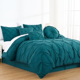 7 Piece Boho Chic Tufted Pin-Tuck Pleat Style Luxury Comforter Extra Wide King Size Tufted Farmhouse Textured Bed in a Bag | All Seasons Teal Green Color Aesthetic Bedding Soft Plush Cozy Look
