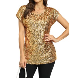 PrettyGuide Women's Evening Tops Sparkle Shimmer Glam Sequin Blouse Gold XL/US18-20