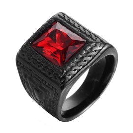 HIJONES Men'S Stainless Steel With Big Red Stone Black Ring Size P
