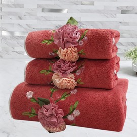 Pincushion Embroidery Towel Set, 3pc,Oriange Coral Velvet Soft and Skin-Friendly Absorbent Towels for Swimming Pool and Gym(1 Bath Towel,2 Hand Towels)