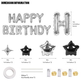 CANREVEL Happy Birthday Banner 13pcs 16 Inch Mylar Foil Letters Sign with 8pcs Star Balloons & LED Lights Birthday Party Decorations for Kids and Adults - 3D Silver