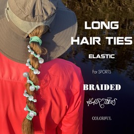 Cute Pearl Hair Ties for Women Hand Braided Sport Ponytail Holders Long Pony Tail Wrap for Workouts, Daily Use, Beach,Swim,Surf,Diving Tangle Free Hair Accessories -2 Packs,Green