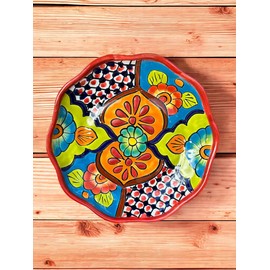 Talavera Scalloped Edge Plate – 12-Inch Round Handmade Mexican Pottery – Decorative Serving Platter or Dinner Plate – Can Be Hung on the Wall – Hand-Painted & Unique (Red)