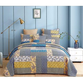 DaDa Bedding Honey Cove Patchwork Bedspread - Cotton Floral Paisley Garden Reversible Quilted Spread Set - Country Cottage Multi-Colorful Yellow Navy Blue - Queen Size - 3-Pieces