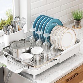 Dish Drying Rack, Expandable Dish Rack for Kitchen Counter, Stainless Steel Dish Drainer with Drainboard Set and Utensil Holder (White)