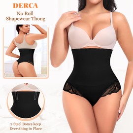 DERCA Tummy Control Thong Shapewear for Women High Waisted Body Shaper Underwear Seamless Shaping Thongs Panties Girdle (B#01 Black-lace,XX-Large)