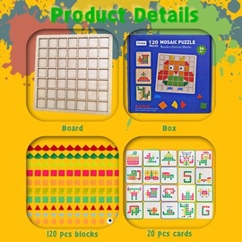 Mosaic Shape Wooden Pattern Blocks Puzzle, 120 PCS Wooden Pattern Blocks with 20 Pcs Design Cards,Kindergarten Classic Educational Geometric Shape Puzzle Toys for Kids Ages 4-8