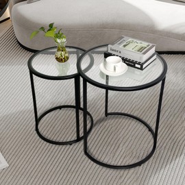 inoseen Round Glass Coffee Table Set 2 Black Nesting Table Modern Side Table Black Coffee Tables for Living Room 19.6in and 15.7in