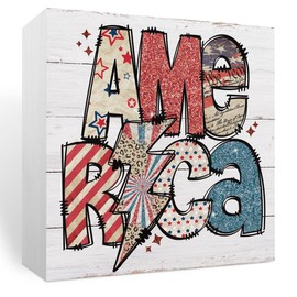 Fourth of July Decorations Memorial Day Decorations Independence Day Patriotic Decor Red White and Blue Decor, Wooden Box Sign for Home Farmhouse Office Room Table Centerpiece - Leopard 4th of July