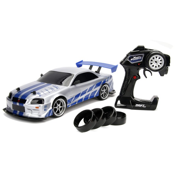Jada Toys Fast & Furious Brian's Nissan Skyline GT-R (BN34) Drift Power Slide RC Radio Remote Control Toy Race Car with Extra Tires, 1:10 Scale, Silver/Blue (99701)