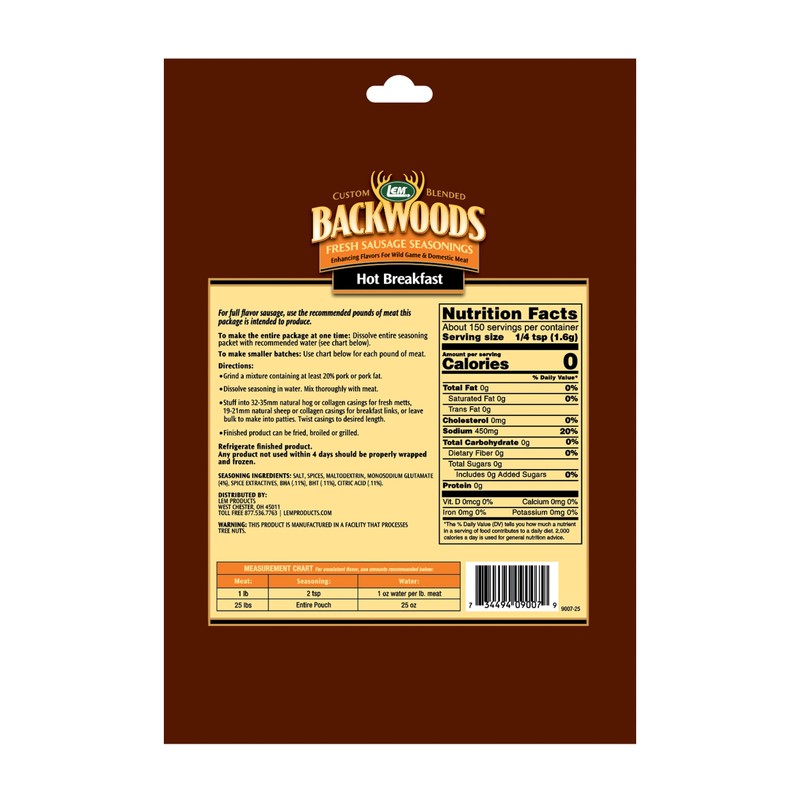 LEM Products Backwoods Hot Breakfast Fresh Sausage Seasoning, Ideal for
