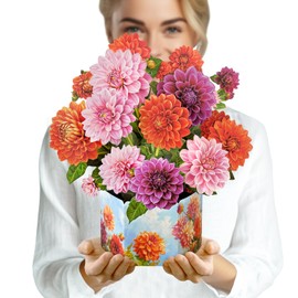 PINELIFE Pop Up Cards for Mom 3D Paper Dahlias Flowers Greeting Cards Gifts, Women's Birthday Anniversary Bouquets with Note Card & Envelope (Dream of Dahlias)